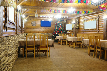 Interior of a cafe in a wooden house