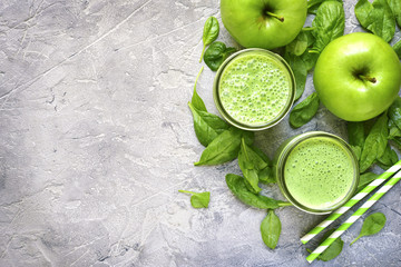 Spinach apple smoothie in a mason jar.Top view with copy space.