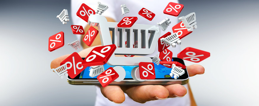 Businessman holding sales icons over his phone 3D rendering