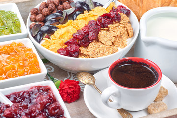 French breakfast on a wooden tray
