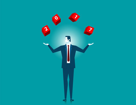 Businessman catching throwing 2017 word on red box