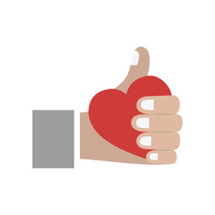 Human hand holding heart icon. Finger gesture palm and communication theme. Isolated design. Vector illustration