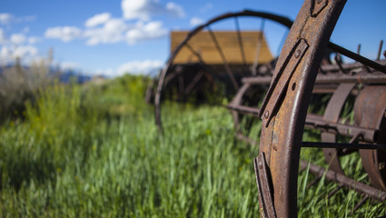 Farming ranch background with barn and rusty farm plow. Green grass, blue sky and wooden barn....