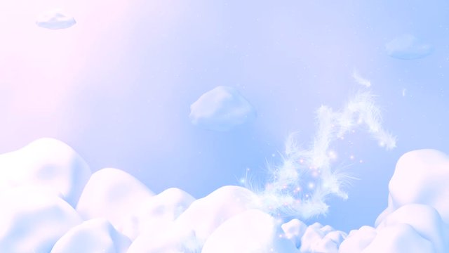 Beautiful pastel color sky and clouds background. White feathers flying up in the air and gone with the wind. Magic sparkles particle trail effect.