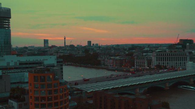 A panoramic wide shot of the West London skyline, including the river Thames, Blackfriars Bridge and BT Tower
