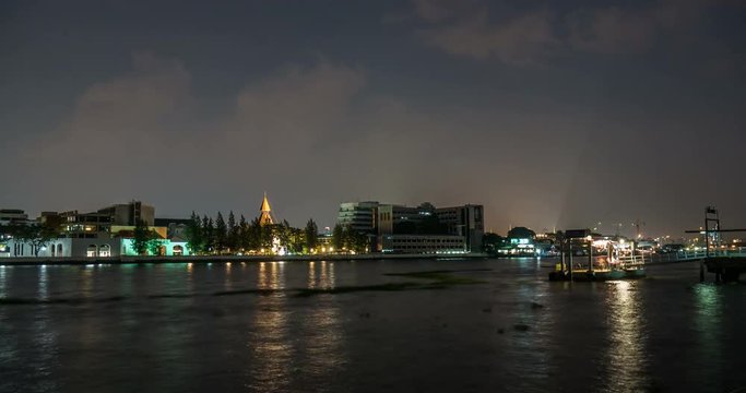 Timelapse of passing cloud and transportations in Chaopraya river at twilight till night,Bangkok,Thailand
