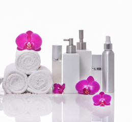 Plakat Spa still life with bottle of herbal essenses with orchid