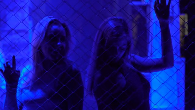Two beautiful girls dancing behind metal chain fence at disco, night life