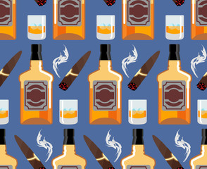 Whiskey with ice seamless pattern. Gentleman background. Bottle