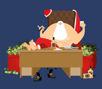 Santa after work relaxes. Rich Claus and red bag with money. Dri