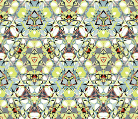 Kaleidoscope seamless pattern. Composed of color abstract shapes. In green. Useful as design element for texture, pattern and artistic compositions.