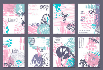Set of eight cards with hand drawn abstract ink texture and floral nature motif.
