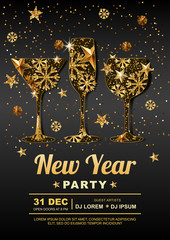 New Year party vector poster design template with. Golden stars, snowflakes in gold wine, champagne, martini drinking glass. Concept for banner, flyer, invitation, greeting card, holiday backgrounds.