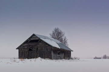 Old Barn House On The Snowy Fields