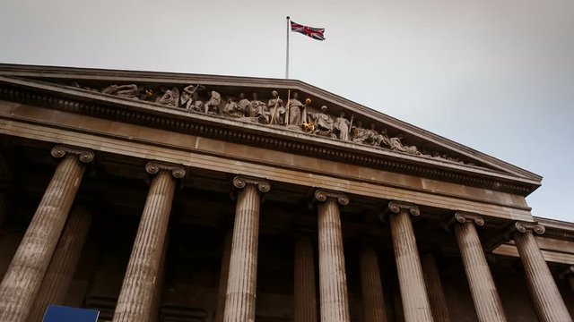 A gimbal approach to the entrance of the British Museum in London, England, UK