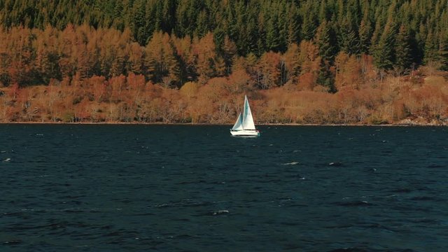 Medium telephoto footage showing a small sailboat plying through Loch Ness in Scotland, UK
