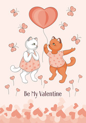 Greeting card happy Valentine's day. Cartoon image of cute funny kittens, butterflies and flowers in form of hearts.