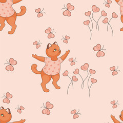 Valentine's day seamless pattern. Cartoon image of cute funny cats, butterflies and flowers in form of hearts.