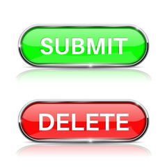 Submit and Delete active buttons. Shiny green and red oval web icons