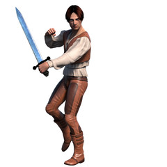 Fototapeta premium a young well-dressed warrior in leather armor. He stands in a fighting pose with a sword. Left side