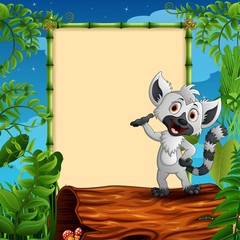Cartoon raccoon presenting on hollow log near the empty framed signboard