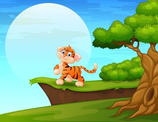 Obraz na płótnie Canvas Cartoon tiger smiling near the cliff