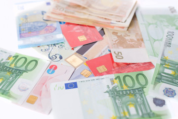 Euroscheine, EC-Karten,Kreditkarten, closeup