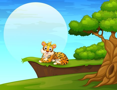 Cartoon tiger lay down near the cliff