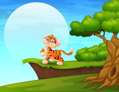 Cartoon tiger smiling near the cliff