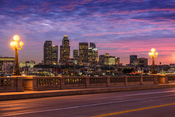 Fototapeta na wymiar Skyscrapers in downtown Los Angeles California at sunset. View f