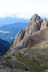 Sexten Dolomites Mountain panorama and alpine hut Rifugio Carducci in South Tyrol, Italy