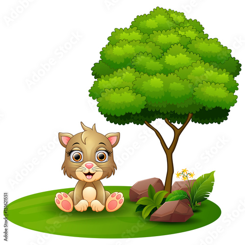 "Cartoon cat sitting under a tree on a white background" Stock image