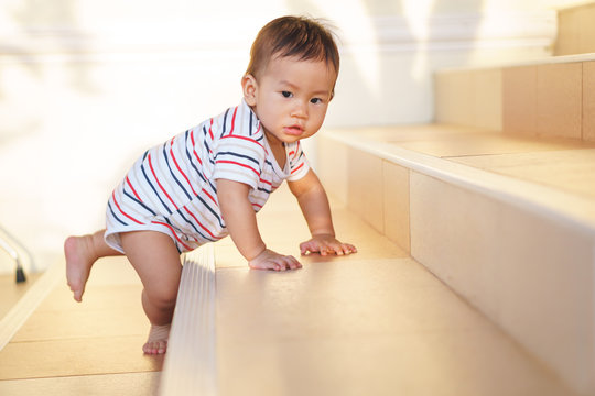 10 Months Adorable Asian Baby Climbing Down Stairs