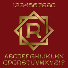 Golden angular letters and numbers with initial monogram in octagonal frame. Beautiful presentable font kit for logo design.