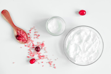organic cosmetics with extracts of berries white background top view