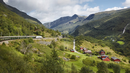 Fototapeta premium Krajobraz kolejowy Flam. Norweska atrakcja turystyczna. Norwegia