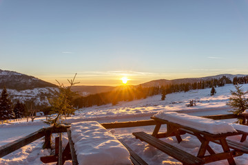 Beautiful winter sunset in Giant mountains, Czech Republic