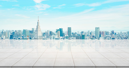 Business concept - Empty concrete floor top with panoramic modern cityscape building bird eye...