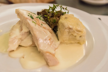 Creamy chicken with mushrooms served in a Buenos Aires restaurant in Argentina