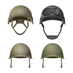 Set of military helmets. Classical, with goggles, combat and projection lines