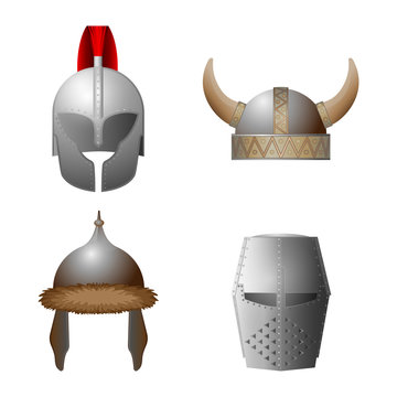 Set of medieval viking, knight, horned, coppergate helmets