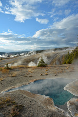 Blue geyser lake and green trees in Yellowstone