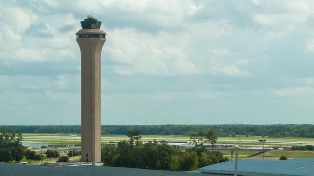 Air Traffic Control Tower Wide Establishing Shot at Houston TX George Bush Intercontinental Airport on a Sunny Texas Day