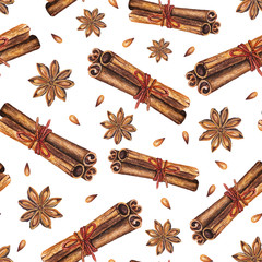 Watercolor seamless pattern with star anise and cinnamon sticks on a white background. Handdrawn watercolor illustration. Vector design by flyer, printing, card, menu of cafe, restaurant, fabric