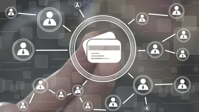 Businessman hand press button credit card. Business button credit card online network.