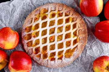 Home baked Lattice apple pie on crumpled paper