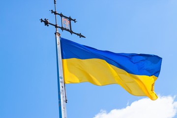 Lvov, Ukraine - July 26, 2016: Ukrainian flag on the background of blue sky