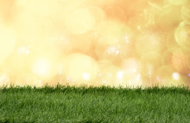 Green grass in front of bokeh lights and sparkle background.