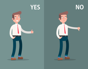 Likes and dislikes. Good  bad. Businessman showing gesture of approval  disapproval