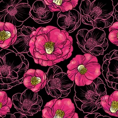 Deurstickers Beautiful camellia on a black background.Vector seamless pattern © Rina Oshi